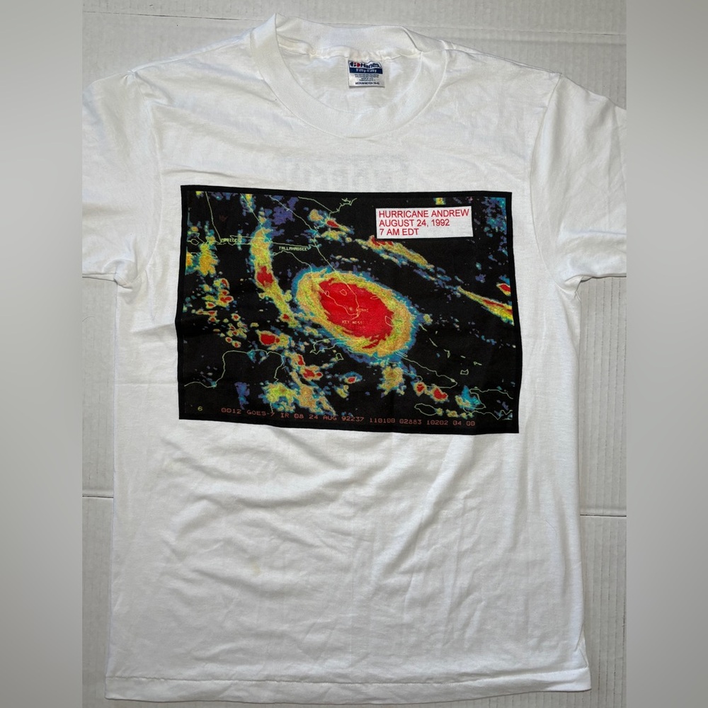 Vintage Hurricane Andrew White Cotton Single Stitch Tee Size Medium Retro Unisex